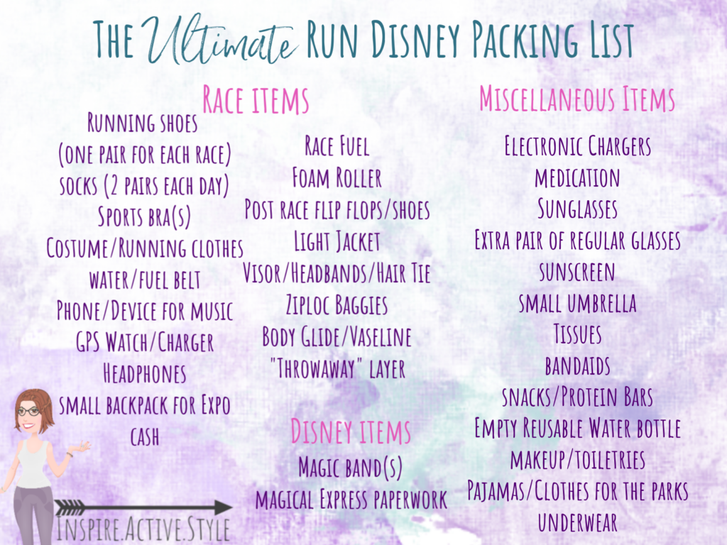 A list of must have items for a trip to Disney to run a race. 